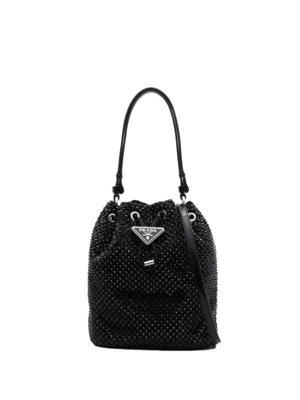 Prada enamel-logo crystal-embellished bucket bag
