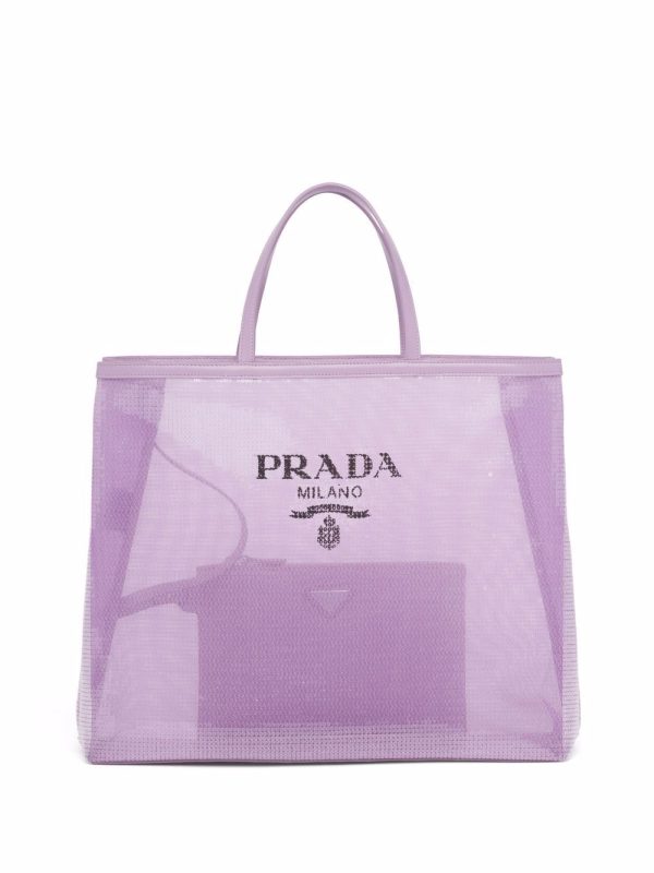 Prada sequinned logo-print mesh tote bag