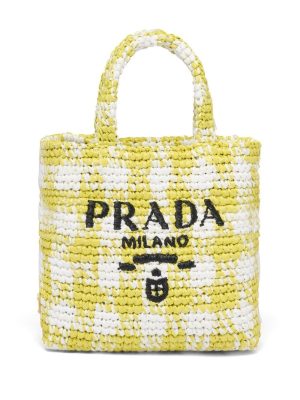Prada logo-knit gingham tote bag